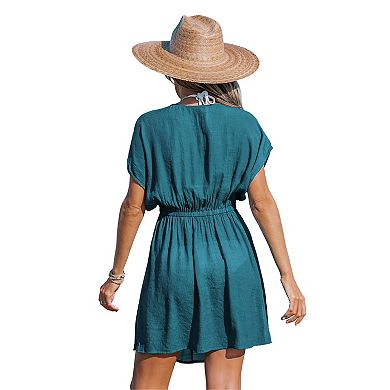 Women's Cupshe Dolman Sleeve V-Neck Elastic Waist Mini Swim Cover-Up Dress