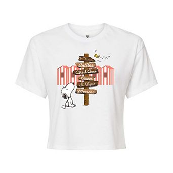 Juniors' Peanuts Snoopy Destination Sign Cropped Graphic Tee