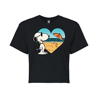 Juniors' Peanuts Snoopy Heart Beach Scene Cropped Graphic Tee