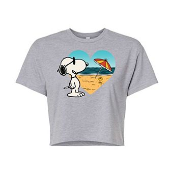 Juniors' Peanuts Snoopy Heart Beach Scene Cropped Graphic Tee