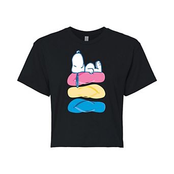 Juniors' Peanuts Snoopy Flip Flops Cropped Graphic Tee