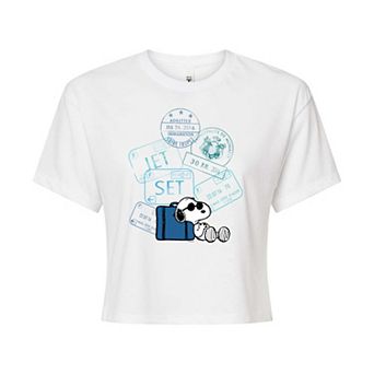 Juniors' Peanuts Snoopy Travel Stamps Cropped Graphic Tee