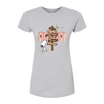 Juniors' Peanuts Snoopy Destination Sign Graphic Tee