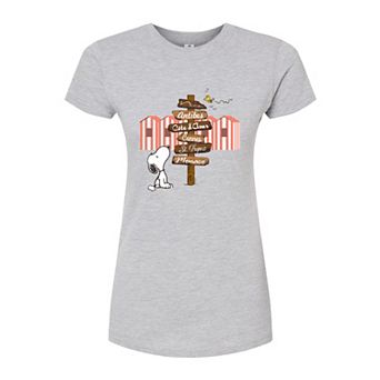 Juniors' Peanuts Snoopy Destination Sign Graphic Tee