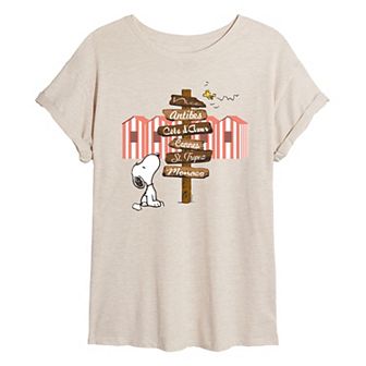 Juniors' Peanuts Snoopy Destination Sign Oversized Graphic Tee