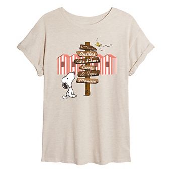 Juniors' Peanuts Snoopy Destination Sign Oversized Graphic Tee