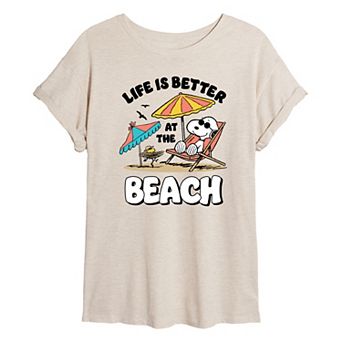 Juniors' Peanuts Snoopy At The Beach Oversized Graphic Tee