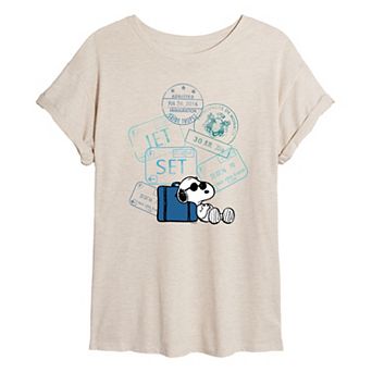 Juniors' Peanuts Snoopy Travel Stamps Oversized Tee