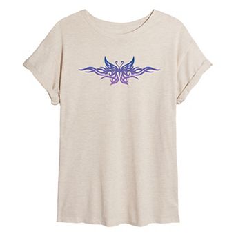 Juniors' Tribal Butterfly Tattoo Oversized Graphic Tee