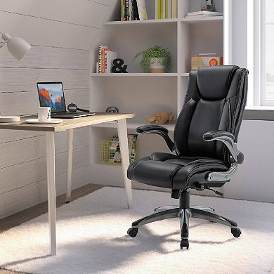 Faux Leather Office Chair with Ergonomic Adjustment, High Back Computer Chair with Flip-Up Armrests