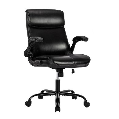 PU Leather Desk Chair with Flip-up Armrests, Home Office Chair with Rocking Function