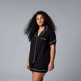 Plus Size Simply Vera Vera Wang Basic Luxury Short Sleeve Notch Pajama Top & Pajama Boxer Shorts Set