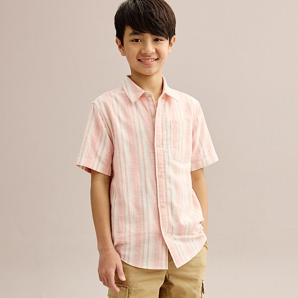 Boys 8-20 Sonoma Goods For Life® Short Sleeve Button Front Shirt in Regular & Husky - Coral Stripe (M HUSKY)