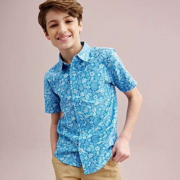 Boys 8-20 Sonoma Goods For Life® Short Sleeve Button Front Shirt in Regular & Husky - Tropical Fronds Blue (LARGE)