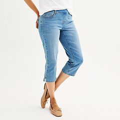 Denim Capri Jean Pants with Decorative Button Detail at Hem