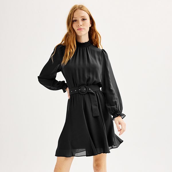 Petite Nine West Long Sleeve Belted Dress