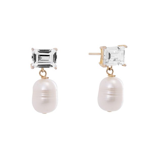 Cultured Pearl & Sterling Silver Cubic Zirconia-Accent Baroque Drop Earrings main image 1