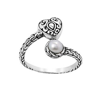 Main and Sterling Oxidized Sterling Silver Cultured Freshwater Pearl Heart Bypass Ring