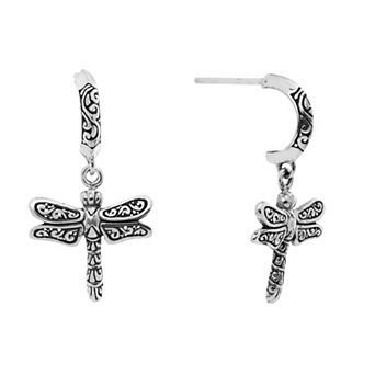 Main and Sterling Oxidized Sterling Silver Dragonfly Drop Hoop Earrings