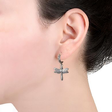 Main and Sterling Oxidized Sterling Silver Dragonfly Drop Hoop Earrings