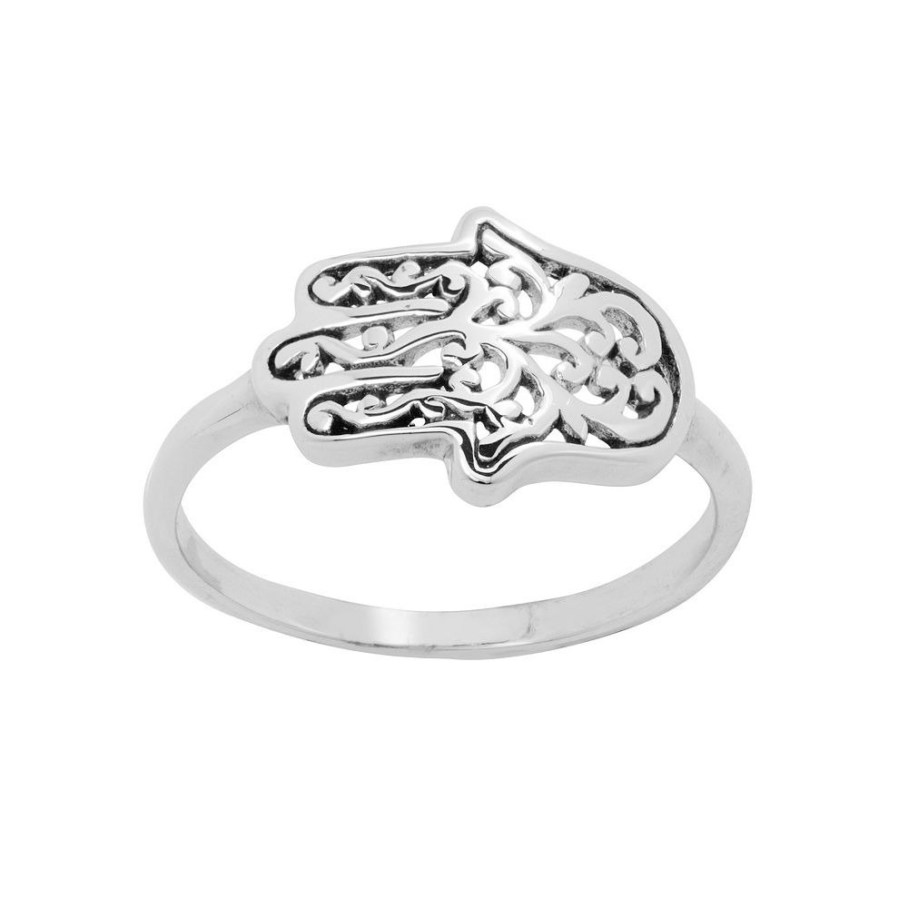 Sterling Silver Hamsa Hand Ring - Oxidized Filigree Sideways Band, Sizes 4-8
