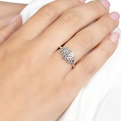 Main and Sterling Oxidized Sterling Silver Filigree Hamsa Ring