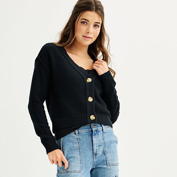 Juniors' SO® Textured V-Neck Button Front Cardigan