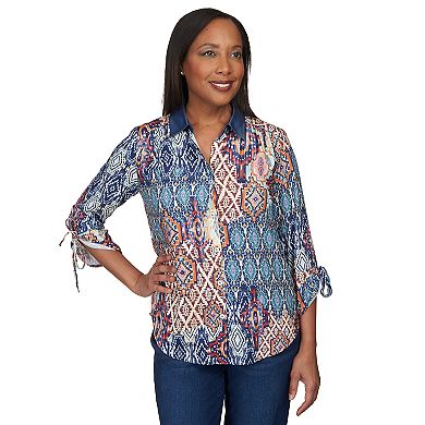 Petite Alfred Dunner Medallion Patch Tie Sleeve Button Up Top