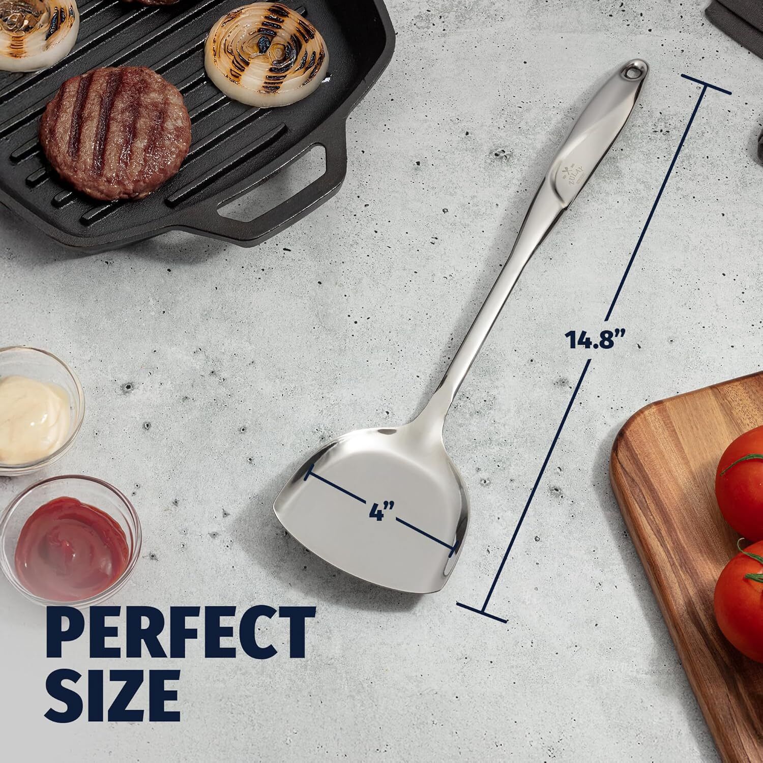 Zulay Kitchen - Stainless Steel Metal Wok Spatula - Durable Wok Turner Spatula Shovel with Ergonomic - Silver - Thumbnail 4