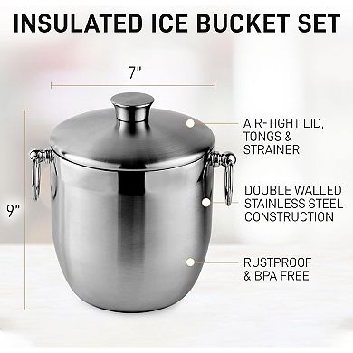 Zulay Kitchen Stainless Steel Double-Wall Insulated Ice Bucket Kit - 3 Liter