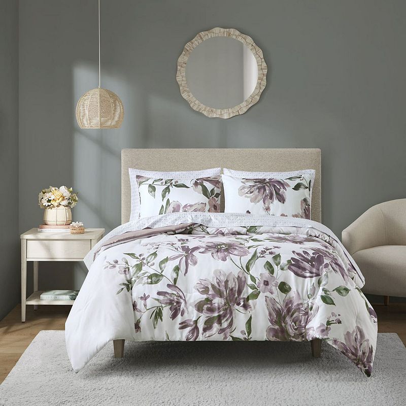 Madison Park Essentials 7 Piece Floral Comforter Set with Bed Sheets Spring Lavender Bed in a Bag Bedding Sets for Girls Queen
