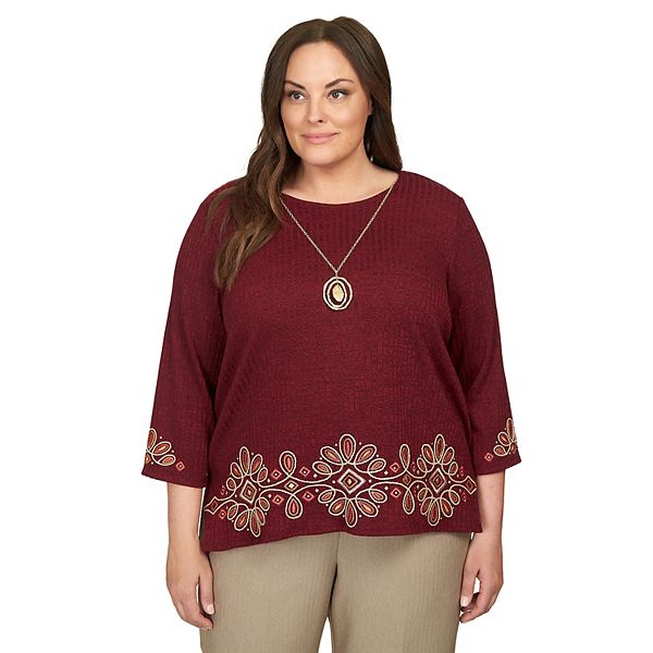 Plus Size Alfred Dunner Medallion Border Embroidery Top With Necklace