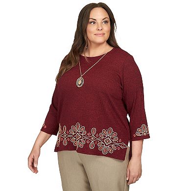 Plus Size Alfred Dunner Medallion Border Embroidery Top With Necklace