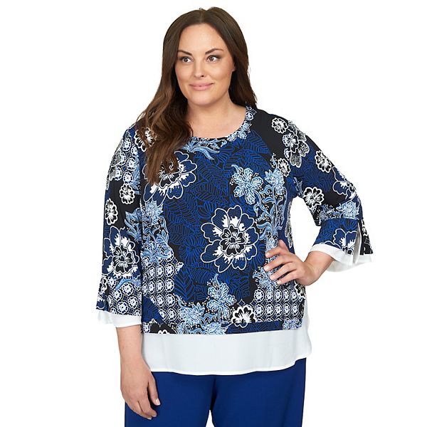 Plus Size Alfred Dunner Floral Flutter-Sleeve Top with Woven Trim