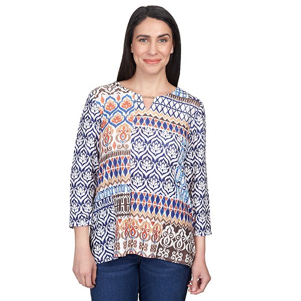 Petite Alfred Dunner Printed Patchwork Split-Neck Top