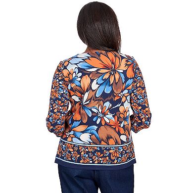 Petite Alfred Dunner Floral Border 3/4 Sleeve Top
