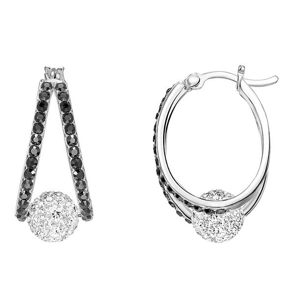 Chrystina Fine Silver Plated Black & White Crystal Fireball Split Hoop