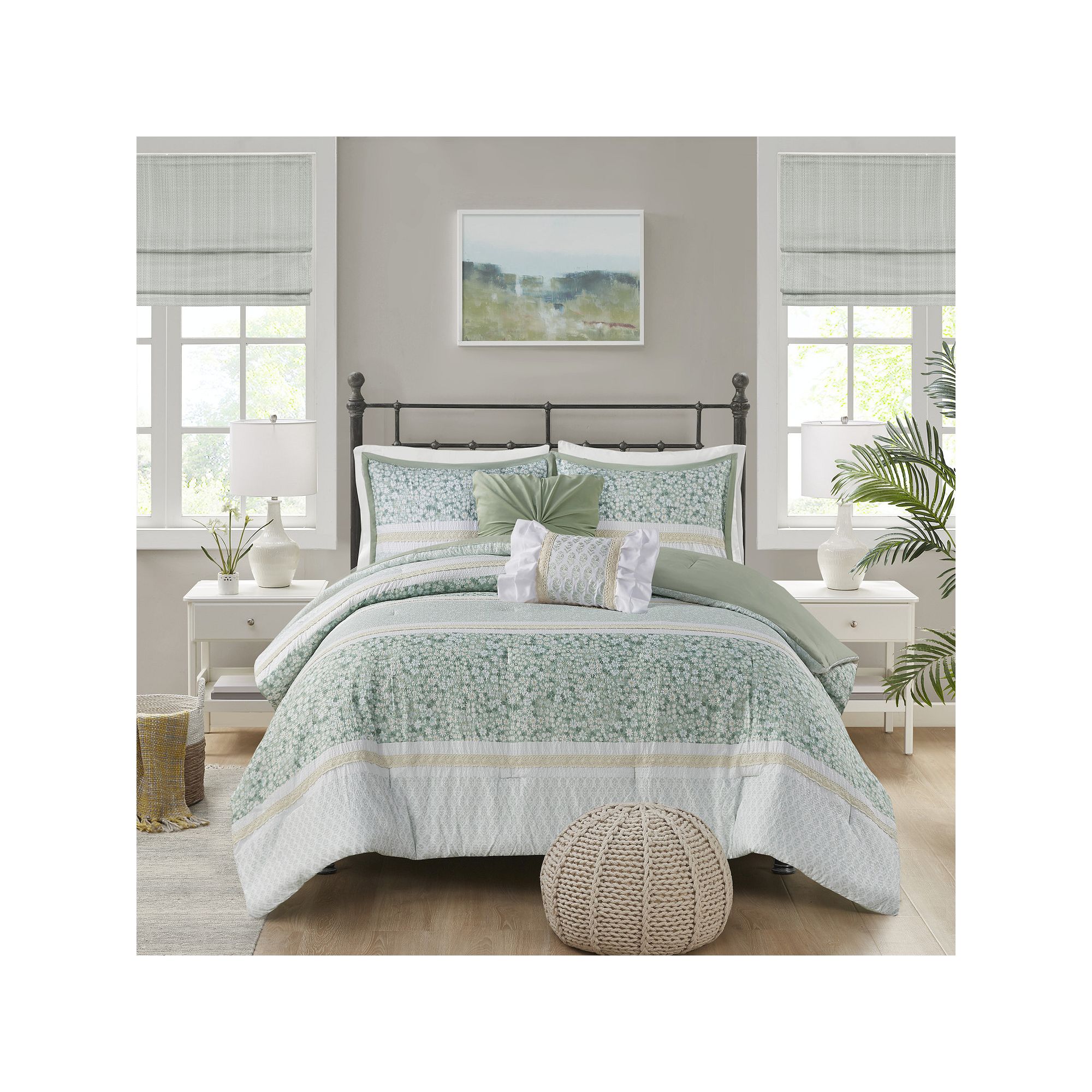 Madison Park Evian 5-Piece Seersucker Comforter Set with Throw Pillows, Gre