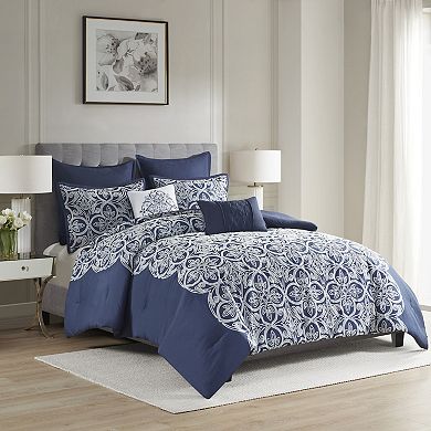 Madison Park Marlon 7-Piece Flocked Comforter Set with Euro Shams and Throw Pillows