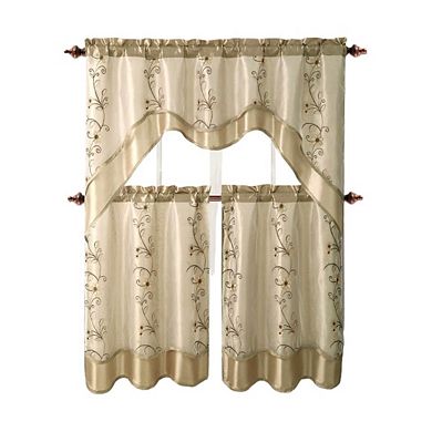 GoodGram 3 Piece Daphne Embroidered Complete Kitchen Curtain Tier And Valance Set