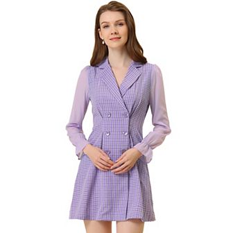 Women's Plaid Notched Lapel Double Breasted Elastic Cuff Elegant Long Sleeve Blazer Dress
