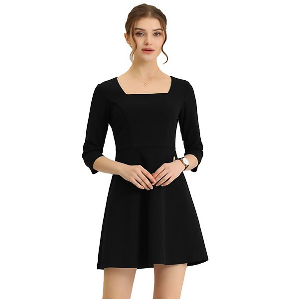 Square Neck Solid 3/4 Sleeve Aline Dresses