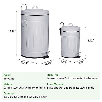 3.2 Gal./12-Liter and 0.8 Gal./3 Liter Old Time Style Round White Metal Step-on Trash Can Set