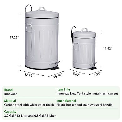 3.2 Gal./12-Liter and 0.8 Gal./3 Liter Old Time Style Round  White  Metal Step-on Trash Can Set