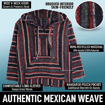 Authentic Mexican Baja Hoodie Woven Pullover Sweater Jacket