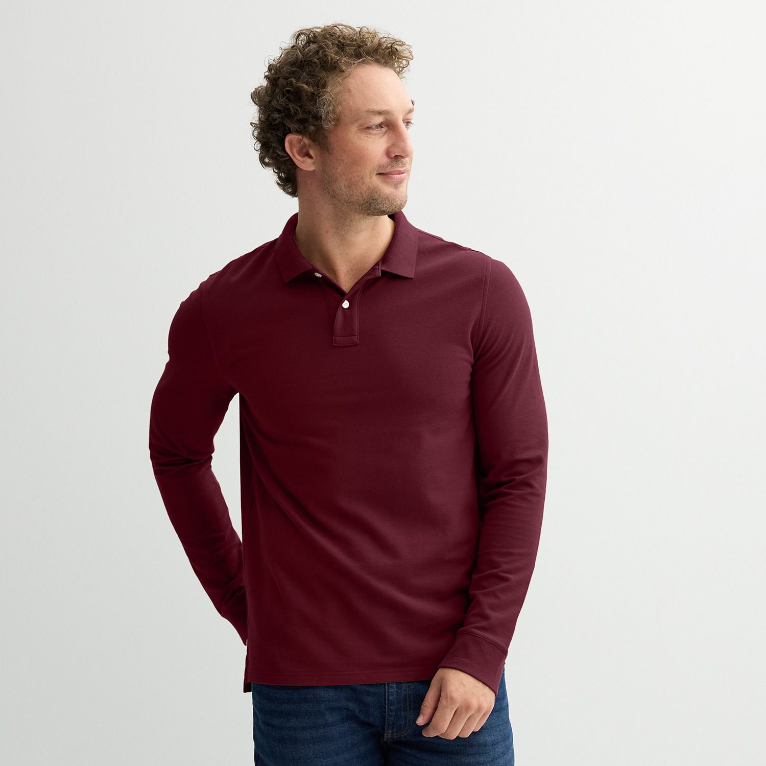 Мужская рубашка-поло Sonoma Goods For Life Essential из пике, длинный рукав, цвет: Бордовый — фото 1