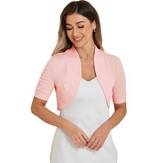 Women's Ruched Short Sleeve Shrugs Bolero Cropped Open Front Cardigan
