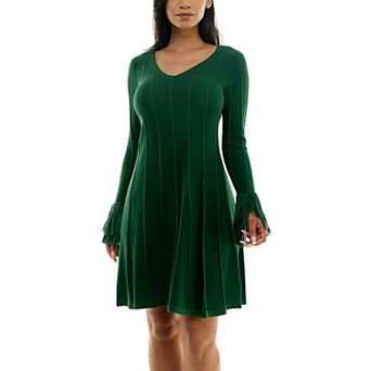 Women's Nina Leonard A-Line Fringe Sweater Dress