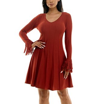 Women's Nina Leonard A-Line Fringe Sweater Dress