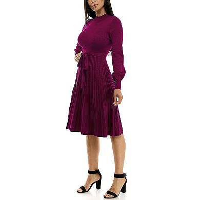 Women's Nina Leonard Balloon Sleeve Pleated Midi Sweater Dress